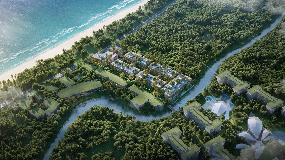 Aerial view of the landscaped grounds and residences at Gardens of Eden
