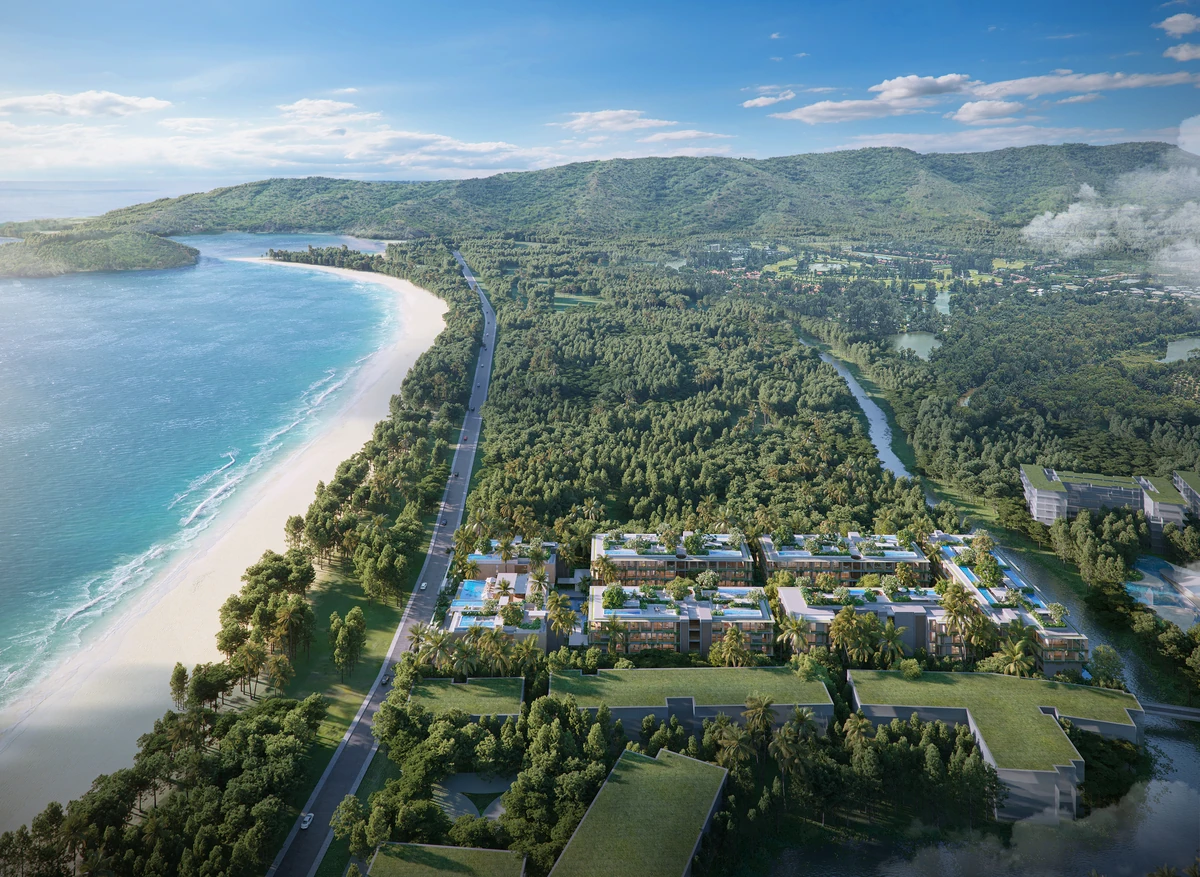 Aerial rendering of Eden Residences beside Bang Tao Beach and the surrounding coastline
