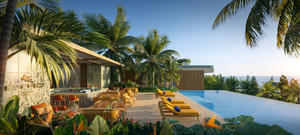 Communal rooftop pool and bar at Eden Residences